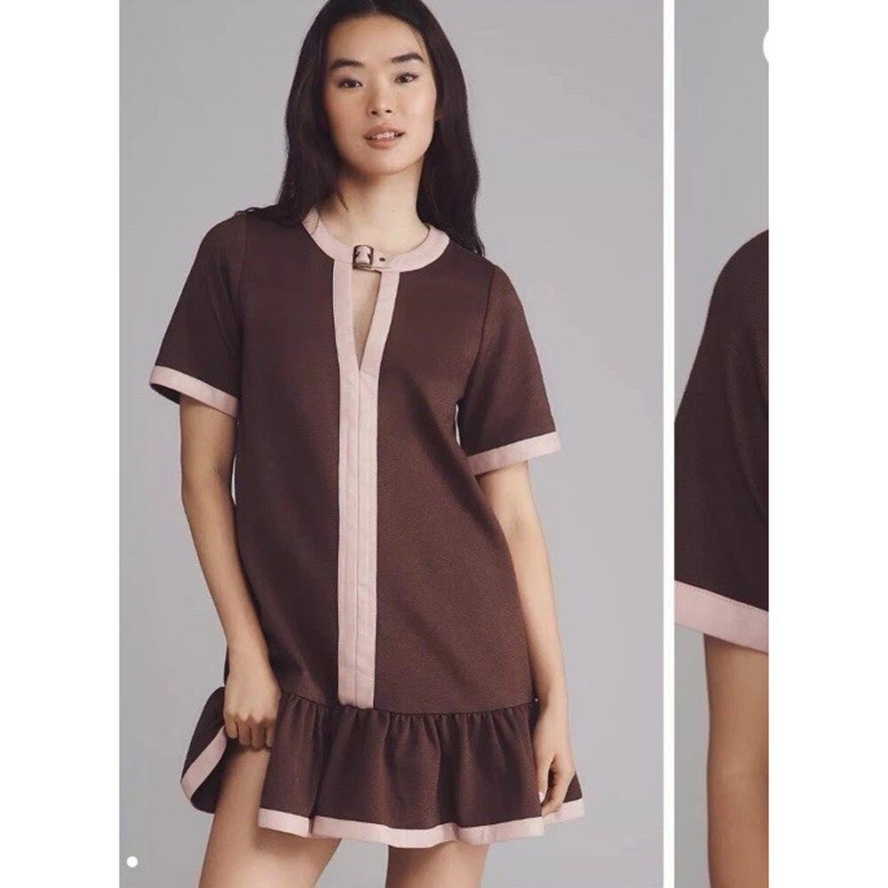 Anthropologie Brown Faux Leather Mini Dress Long Balloon Sleeve V-Neck Size S ES